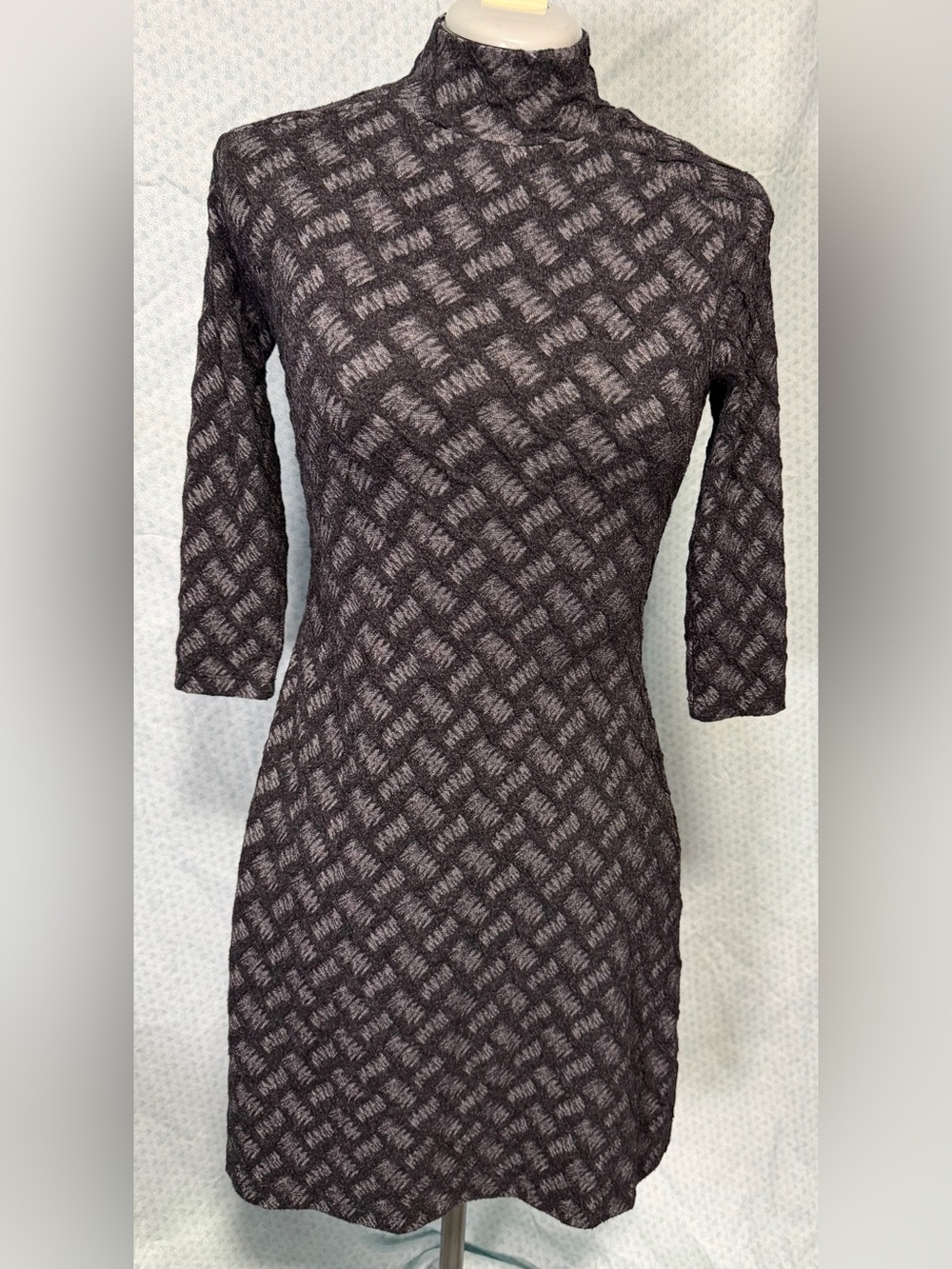 Cato Black and Gray Patterned Long Sleeve Mock Neck Dress